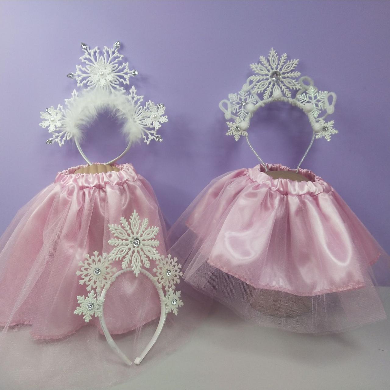 Костюм новорічний сніжинка 1-8 років спідниця рожева фатинова та обруч сніжинка 1 шт, фото 1
