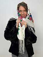 Жіноча хустка молочна з народним орнаментом і тороками "Вінок орхідей" (100х100см)