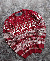 Мужской зимний свитер с оленями теплый бордовый с белым без воротника . Живое фото