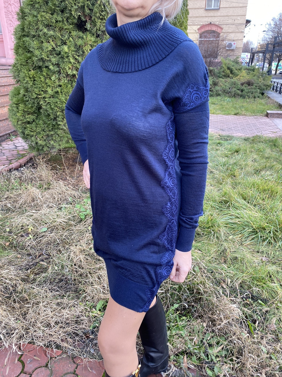 Плаття светр туніка жіноче трикотажне темно-синє трансформер знімні рукави та комір, фото 1
