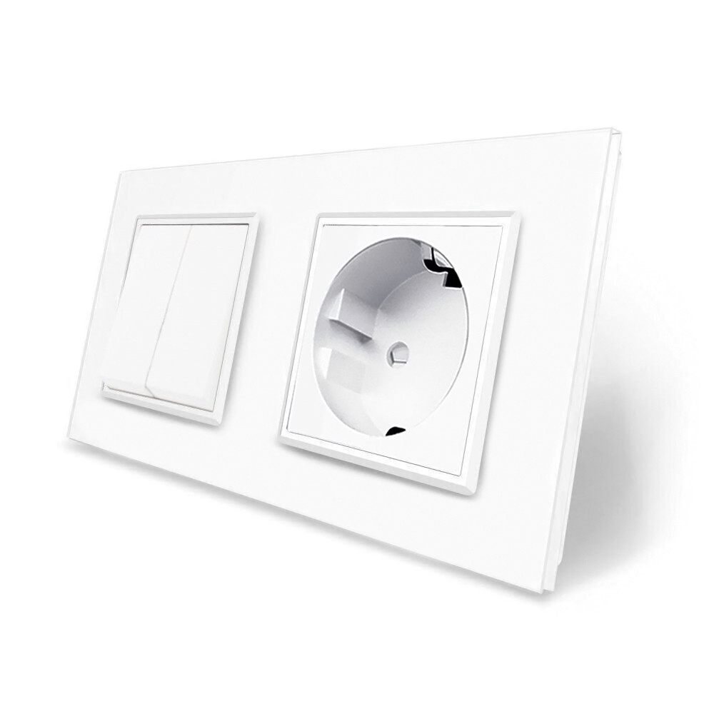 Двоклавішний вимикач з розеткою Livolo білий скло (VL-C7C1EUK2-11), фото 1