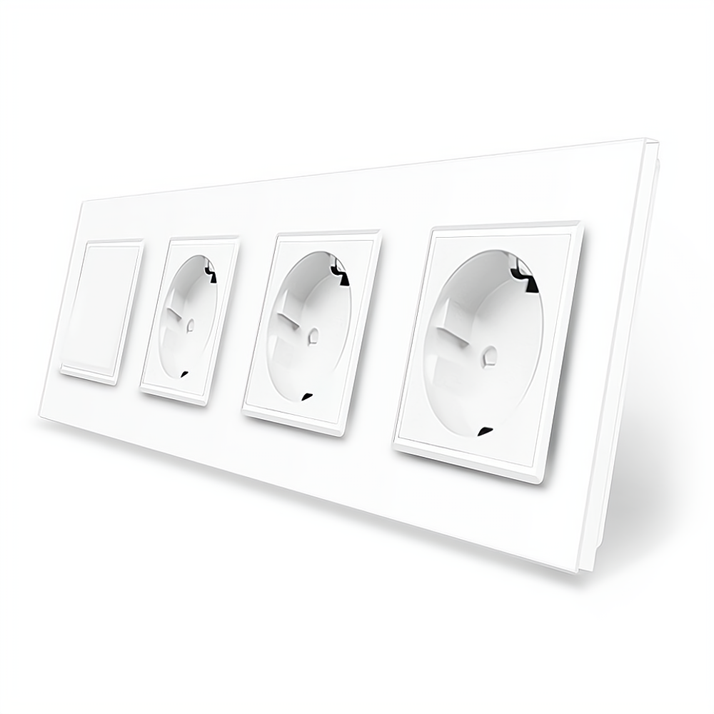 Одноклавішний вимикач з потрійною розеткою Livolo білий скло (VL-C7K1/FCTC16A/FCTC16A/FCTC16A-8WP), фото 1