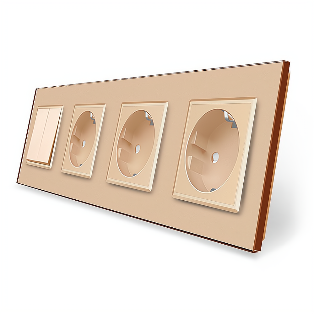 Двоклавішний вимикач з потрійною розеткою Livolo золотий скло (VL-C7K2/FCTC16A/FCTC16A/FCTC16A-8AP), фото 1