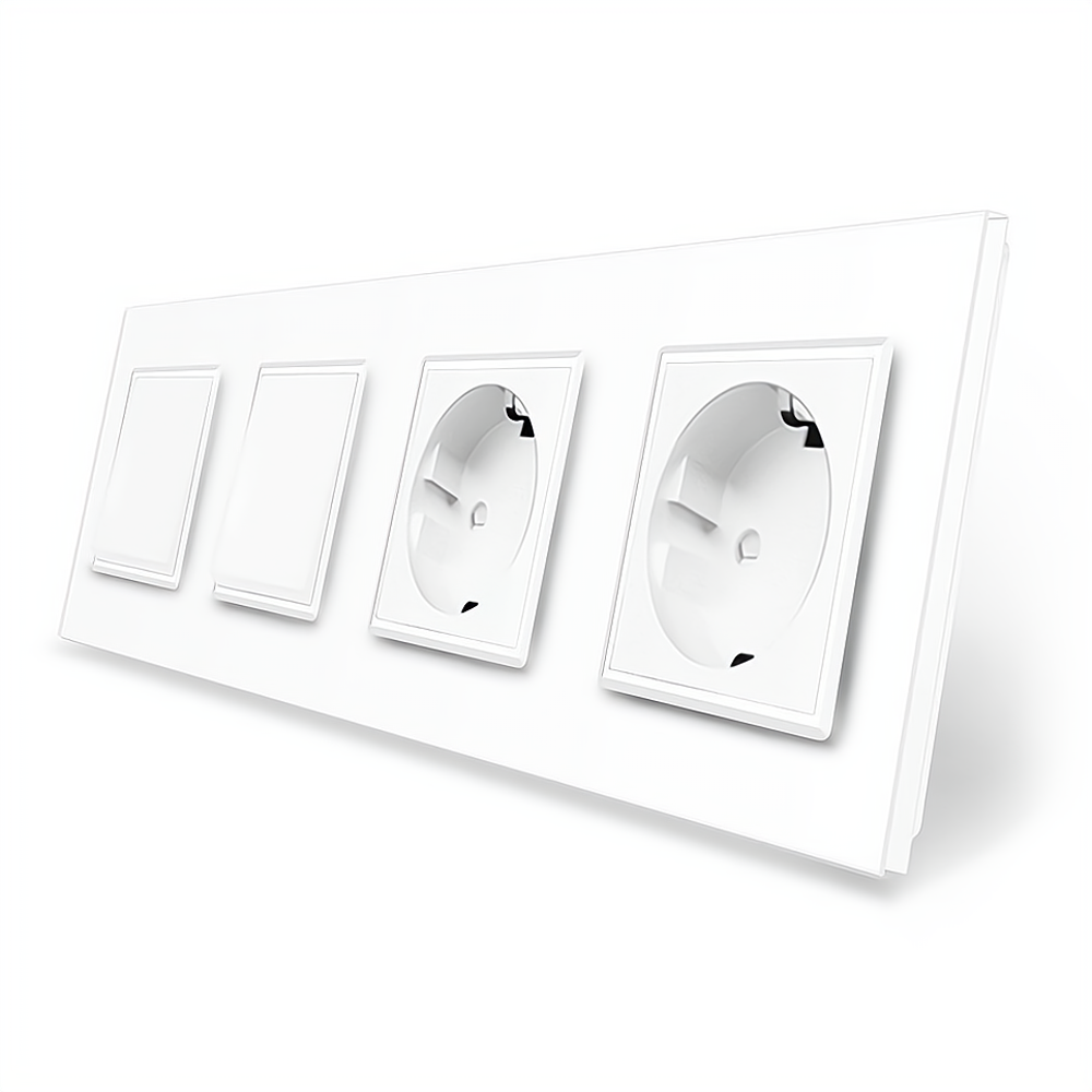 Двоклавішний вимикач (1-1) з подвійною розеткою Livolo білий скло (VL-C7K1/K1/FCTC16A/FCTC16A-8WP), фото 1