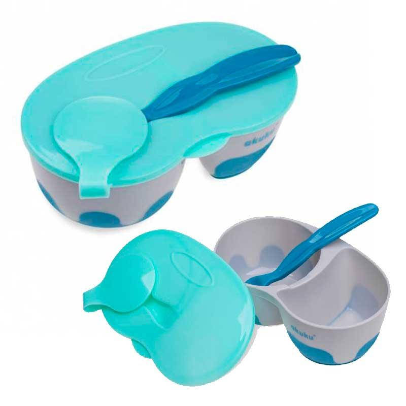 

Тарелка двухсекционная с крышкой и ложкой Akuku А0303_grey/blue