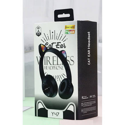 Навушники бездротові Bluetooth з котячими вушками та LED-підсвіткою Y47 Cat Ear Чорні, фото 1
