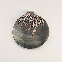 Кулон перламутр серебряный турмалины большой яркий круглый натуральные камни