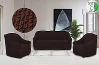 Чохол на диван і два крісла без оборки, універсальний, натяжна жатка креш Concordia шоколад