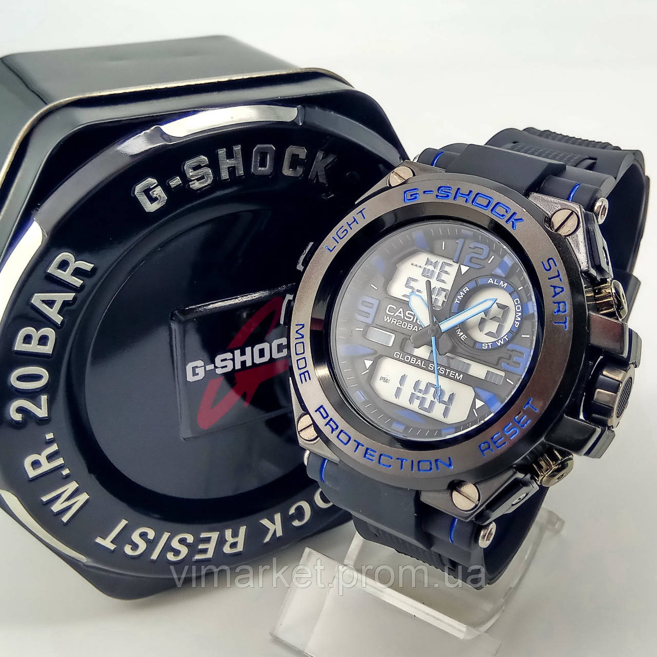 Удароміцний, вологозахищений, спортивний наручний годинник Casio G-Shock синього кольору металевий корпус