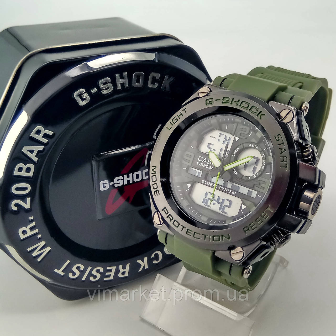 Удароміцний, вологозахищений, спортивний наручний годинник Casio G-Shock зеленого кольору металевий корпус