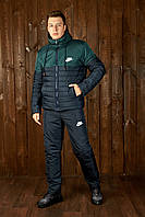 Теплий зимовий лижний спортивний чоловічий костюм штани куртка на синтепоні овчині темно-синій із зеленим