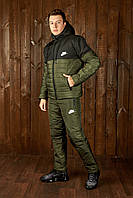 Тёплый зимний лыжный спортивный мужской костюм штаны куртка на синтепоне овчине хаки с чёрным