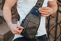 Чоловічий шкіряний слінг рюкзак на одне плече TIDING BAG A25F-017-1A чорний, фото 10
