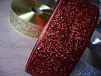 Новогодняя лента с проволочным краем Красный глитер ширина 6,3 см