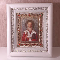 Икона Святому мученику Дионисию, лик 10х12 см, в белом деревянном киоте с камнями