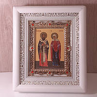 Икона Киприян и Иустина святые мученики, лик 10х12 см, в белом деревянном киоте с камнями