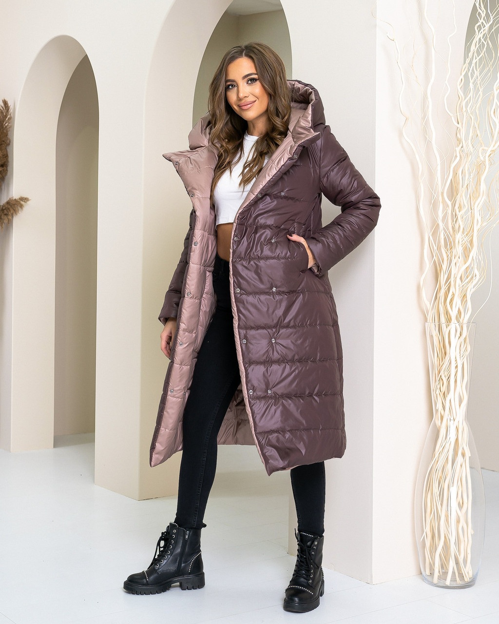 Куртка двостороння євро-зима з капюшоном арт. 1007 кава / шоколад