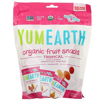 YumEarth, Органічні фруктові снеки, тропічні фрукти, 10 упаковок, 17,6 г в кожній