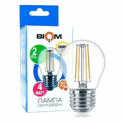 Світлодіодна лампа філамент Biom G45 4W E27 3000K прозора FL-301 1242, фото 2