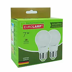 Мультипак "1+1" світлодіодна лампа Eurolamp A60 7W E27 3000K MLP-LED-A60-07272(E)
