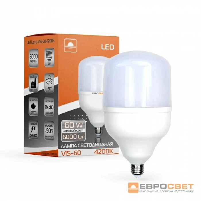 LED Лампа Евросвітло 60W Е27 4200K (VIS-60-E27) 000042333