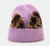 Шапка з леопардовими вушками, зимова шапка, шапка біні, жіноча шапка / головний убір / фіолетова шапка