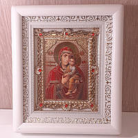Икона Киево - братская Пресвятая Богородица, лик 10х12 см, в белом деревянном киоте с камнями