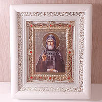 Икона Иова Почаевского святого Преподобного, лик 10х12 см, в белом деревянном киоте с камнями