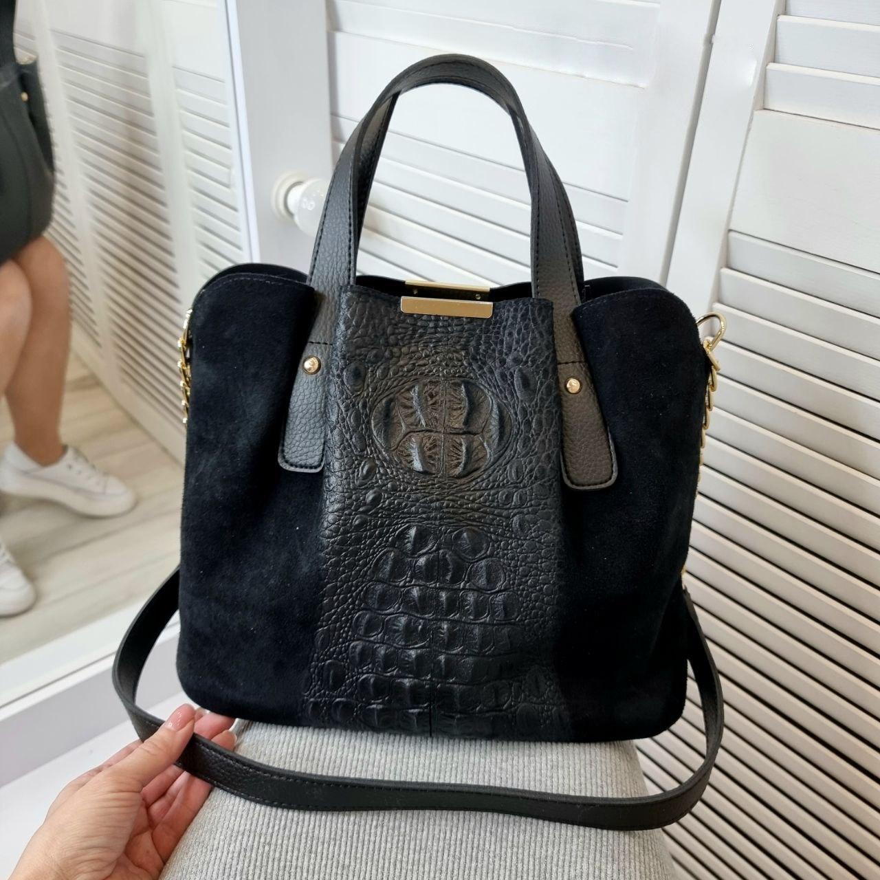 Замшева чорна сумка містка комбінована класична натуральна замша+шкірзам