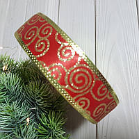 Новорічна стрічка атласна "Морозні візерунки" колір червоний і золото 3.8 см