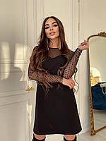 Черное платье трапеция с рукавами из сетки в горох свободное (р. S-L) 65033209