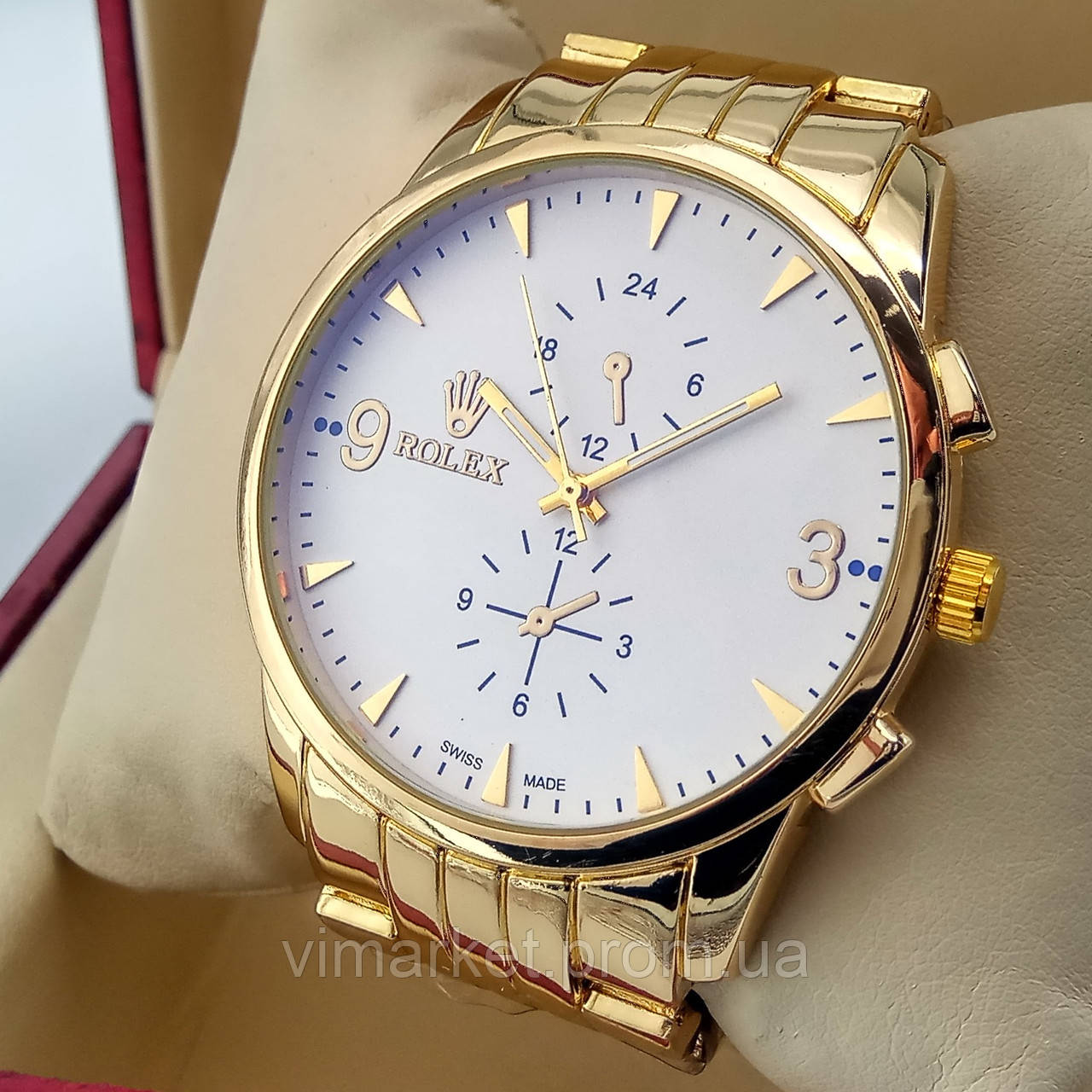 Кварцовий наручний годинник Rolex A235-1 ролекс на металевому браслеті золотого кольору білий циферблат з антивід