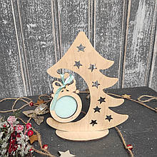 Дерев'яна ялинка на стіл, новорічні іграшки і прикраси