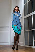 Женское платье вязка гольф шерстяное теплое голубое синее бирюза спинка однотонная чёрная до колена свободное