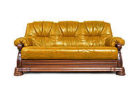 Трехместный мягкий диван Виконт 5030, в натуральной коже, с французской раскладушкой, желтый
