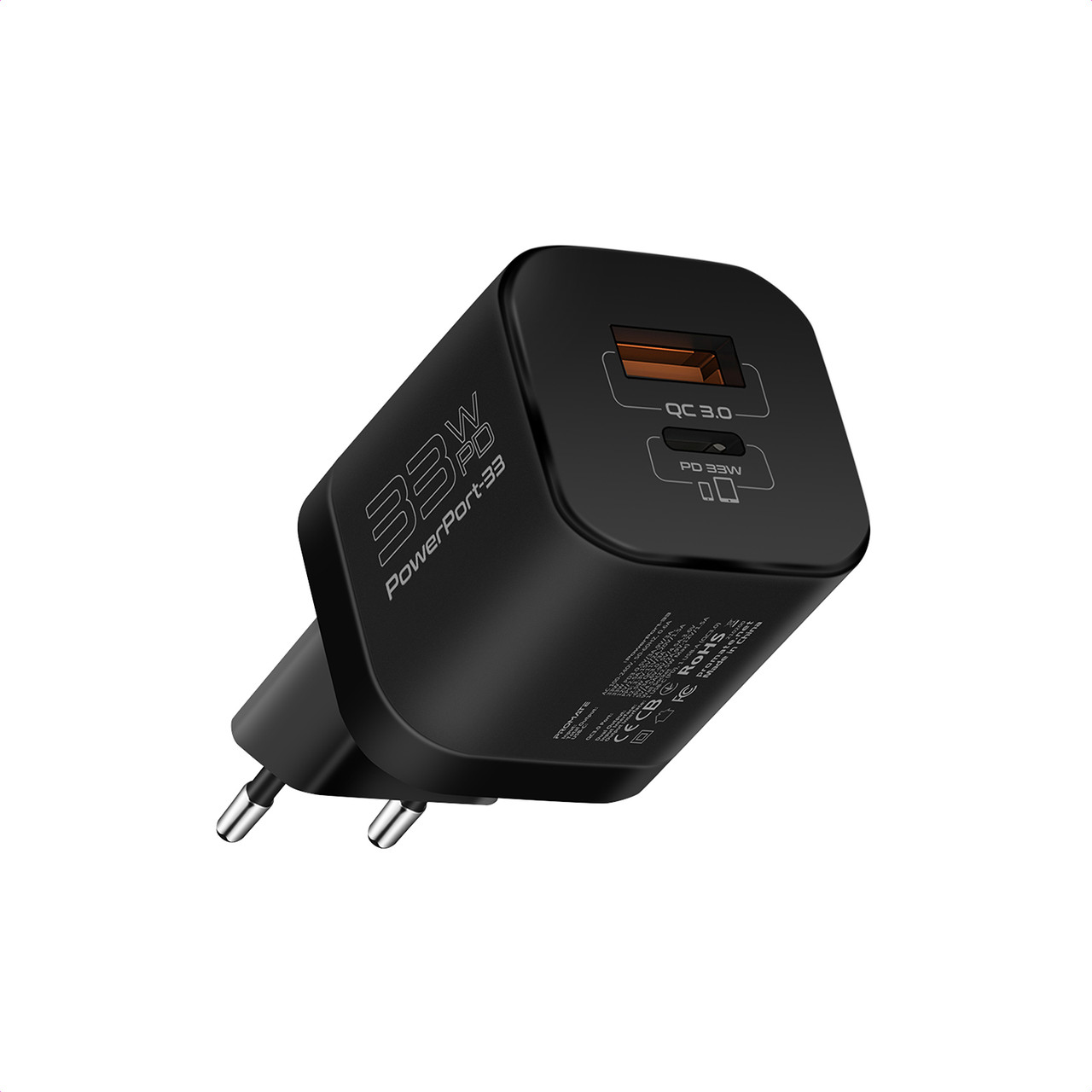 Мережевий зарядний пристрій Promate PowerPort-33 Вт USB-C+USB-A Black (powerport-33.black)