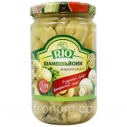 Гриби печериці цілі мариновані Ріо Rio 280/170g 10шт/ящ (Код: 00-00010026)