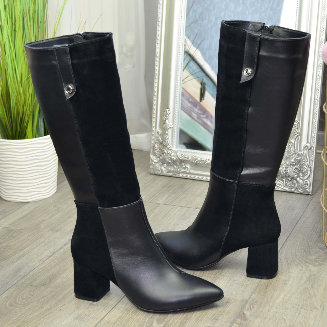 Чоботи жіночі чорні на стійкому підборі, натуральна шкіра та замша. 40 розмір, фото 1
