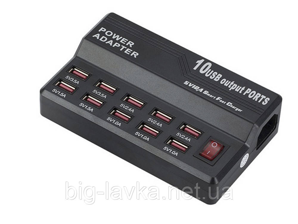 Зарядний пристрій із 10 USB портами 12 А 60 Вт Чорний