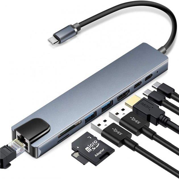 USB Type-C перехідник Хаб концентратор 8 в 1 HDMI SD TF RJ45 кардридер