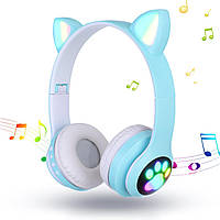 Беспроводные Bluetooth наушники Кошачьи ушки VZV-23M, Голубые / Детские наушники с подсветкой и микрофоном
