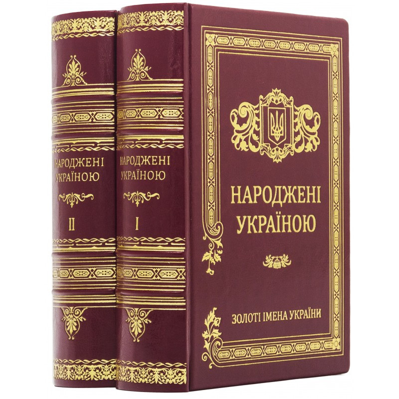 Книги "Народжені Україною. Золоті імена України" в шкіряній палітурці  меморіальний альманах у двох томах, фото 1