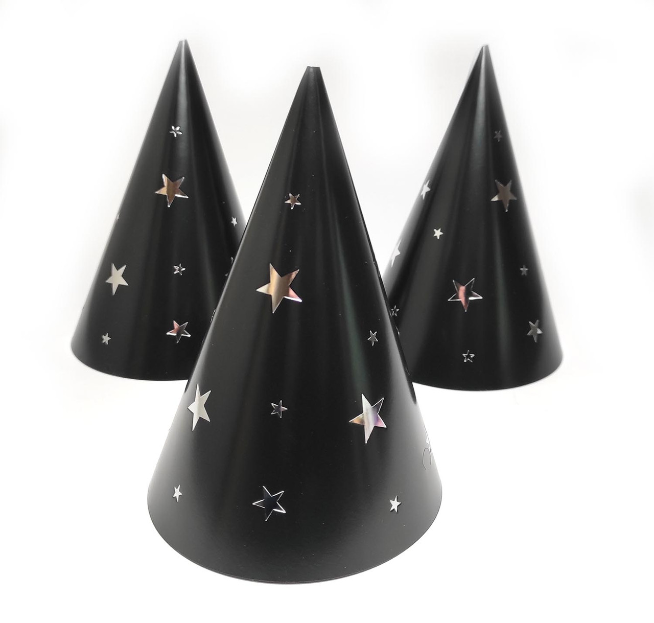 Колпак праздничный 15 см "Зірки" срібло на черном 10шт/упаковка