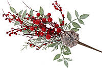 Декоративна гілка з листя з червоними ягодами і шишкою ,37см