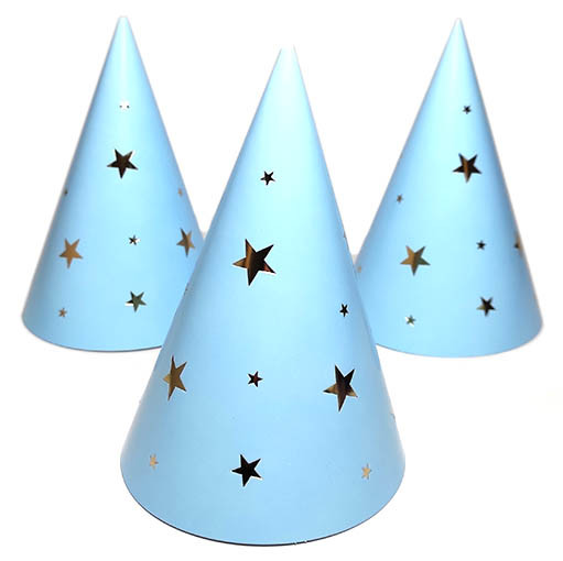 Колпак праздничный 15 см "Зірки" золото на голубом 10шт/упаковка