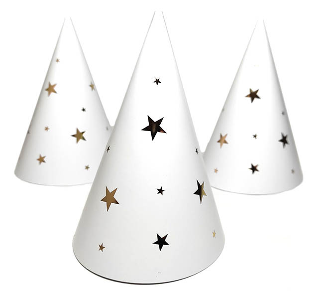 Ковпак святковий 15 см "Зірки" золото на білому 10шт/упаковка