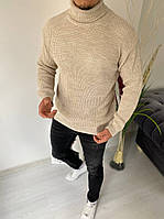 Мужские вязаные свитера оверсайз, гольф водолазка мужские бежевого цвета Турция M
