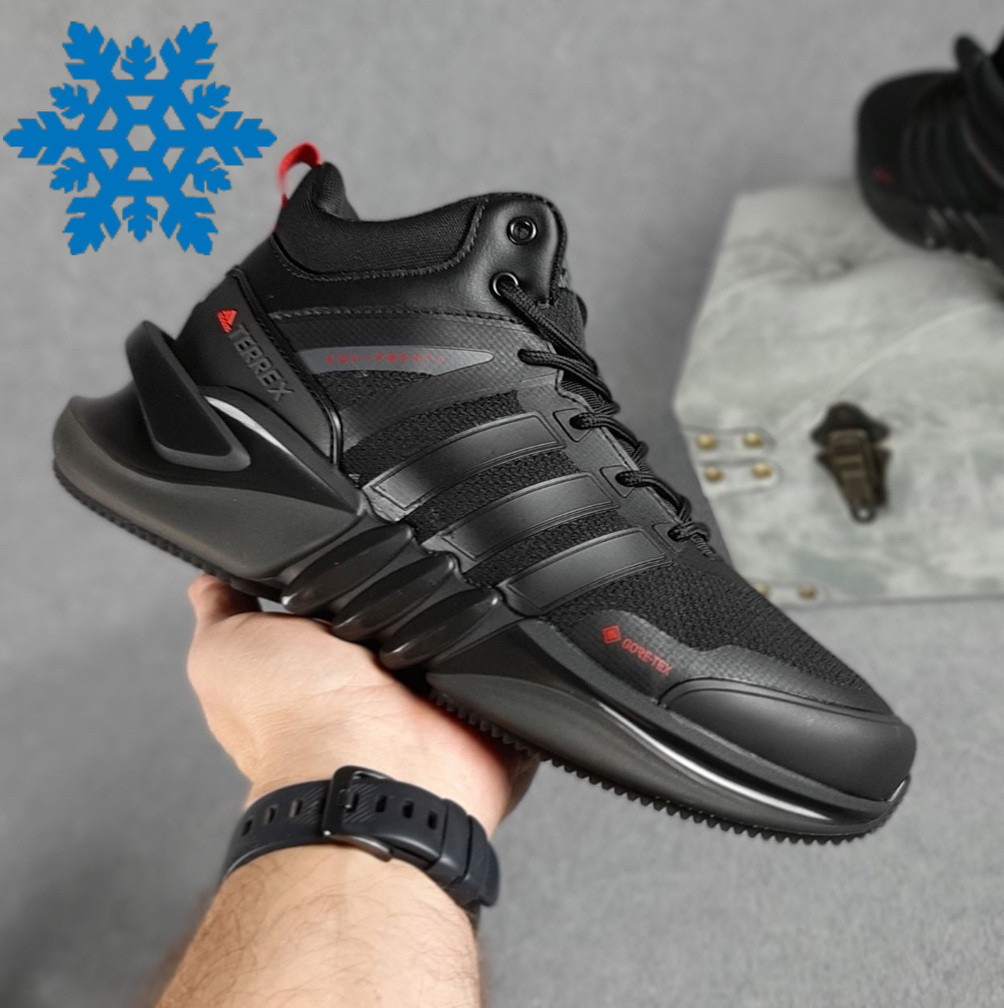 Зимові чоловічі кросівки Adidas Terrex Equipment із хутром теплі чорні з червоним. Живе фото, фото 1
