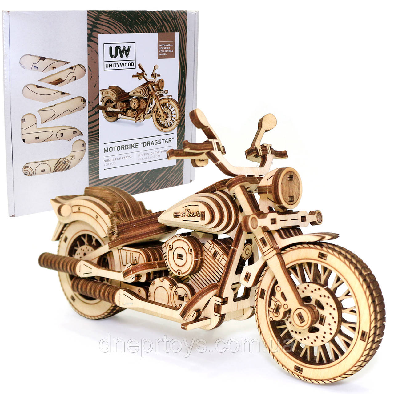 Дерев'яний 3D конструктор Мотоцикл DragStar UnityWood 129 деталей 15,5*8,5*6 см (UW-012)