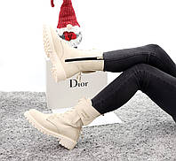 Женские зимние ботинки Christian Dior ( с мехом ), сапоги женские зимние Кристиан Диор кожа бежевые